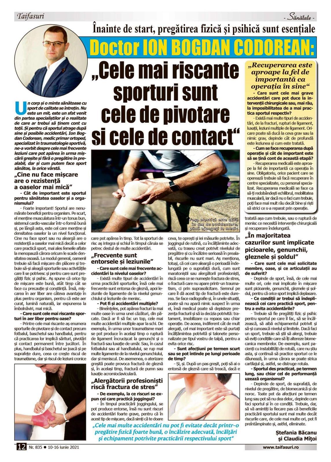 Interviu Taifasuri: Cele mai riscante sporturi sunt cele de pivotare și de contact
